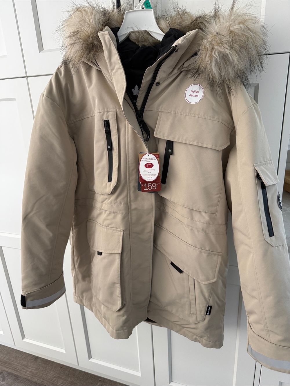 Women’s Canadiana Beige Parka Jacket with Faux  removable Fur Hood XL
